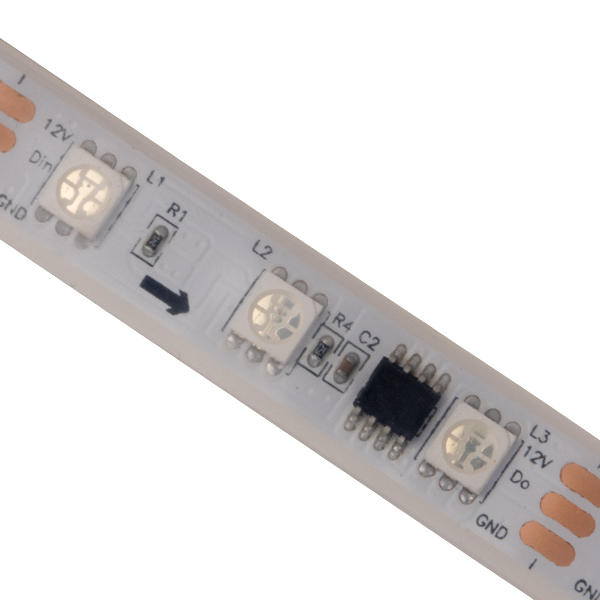 ریسه LED آدرس‌پذیر RGB فول کالر 12 ولت مدل WS2811 – تراکم 20 پیکسل (60LED/M)، حلقه 5 متری روکش دار
